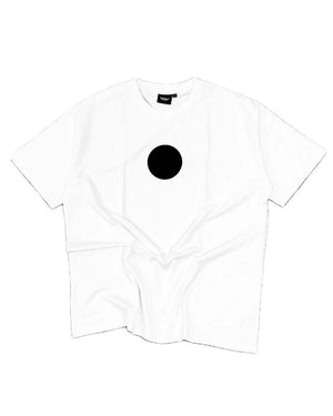 White hollow t-shirt with black circle graphic, made of soft washed 100% cotton, featuring double needle stitching.