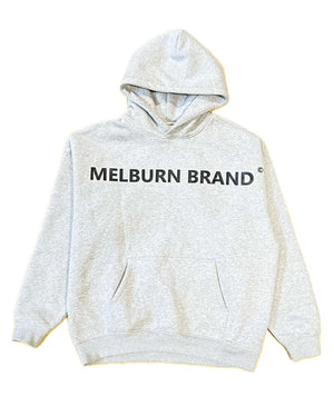 Oversized grey hoodie with MELBURN BRAND logo, crafted from 350 GSM cotton fleece, featuring a large front pouch.